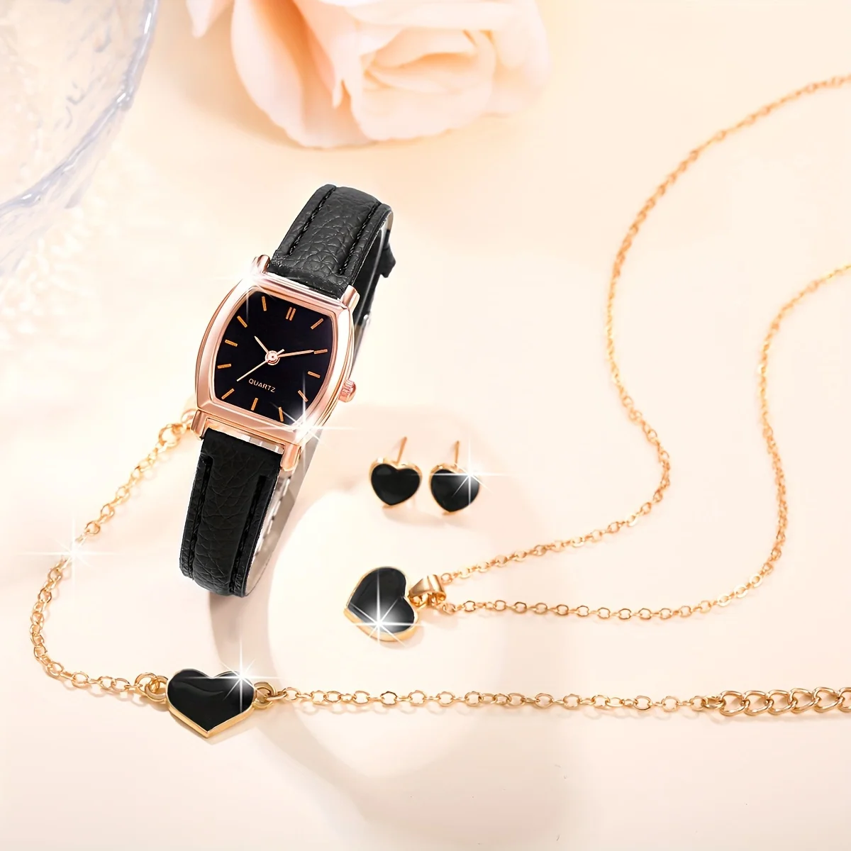 Ladies' Watch Set, 5 pieces/set, ladies' brown PU strap, casual quartz watch set with heart-shaped necklace