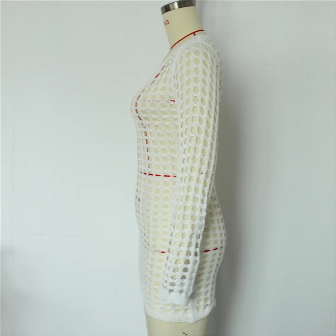 Langarm-Tunika mit Aushöhlungen, einfarbig, gehäkelt, gestrickt, Strandkleid, Strandmode, Damen V8510 – Detail 15