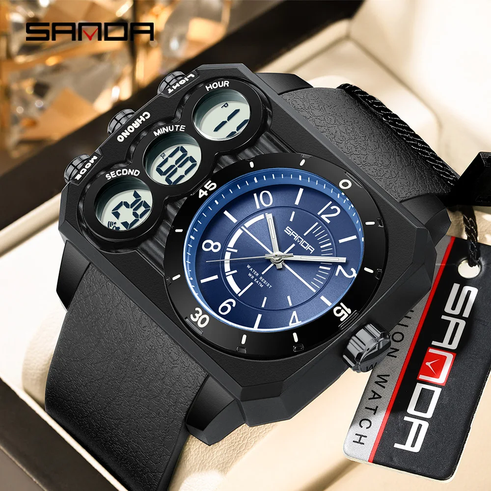 SANDA Fashion Electronic Watch Outdoor Sports Multi functional Waterproof Night Light Dual Display Men's Electronic Watch 6237