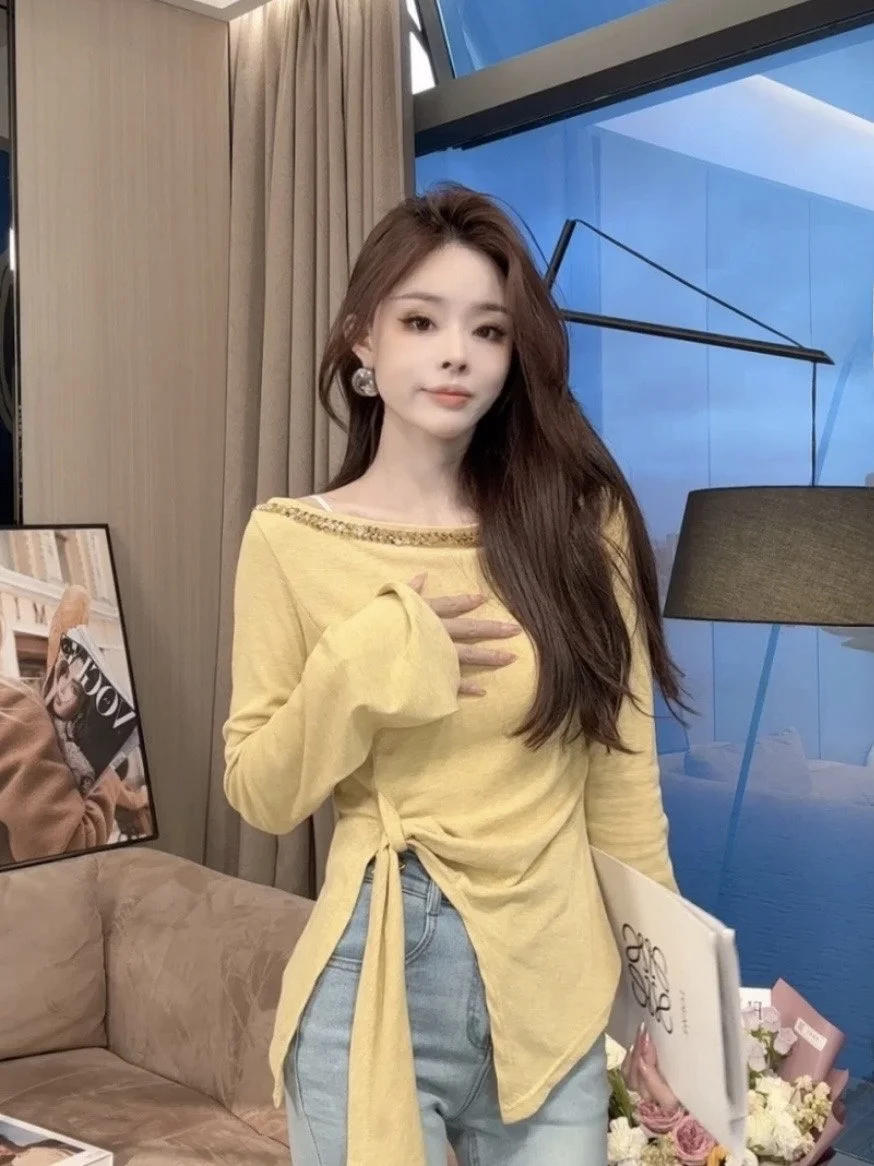 Pure Desire Sle Long Sve T-irt Women's Slim Fit Knot Design Spring Early Sexy Top Trendy Commute Sle Korean Version