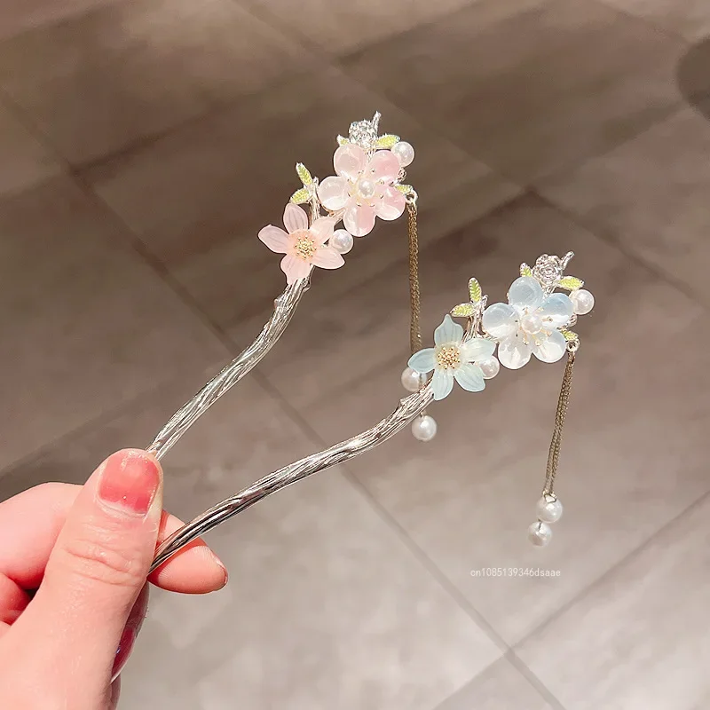 New Vintage Chinese Women's Hair Stick Metal Glaze Flowers Hair Chopsticks Ladies Imitation Pearl Jewelry Hair Accessories