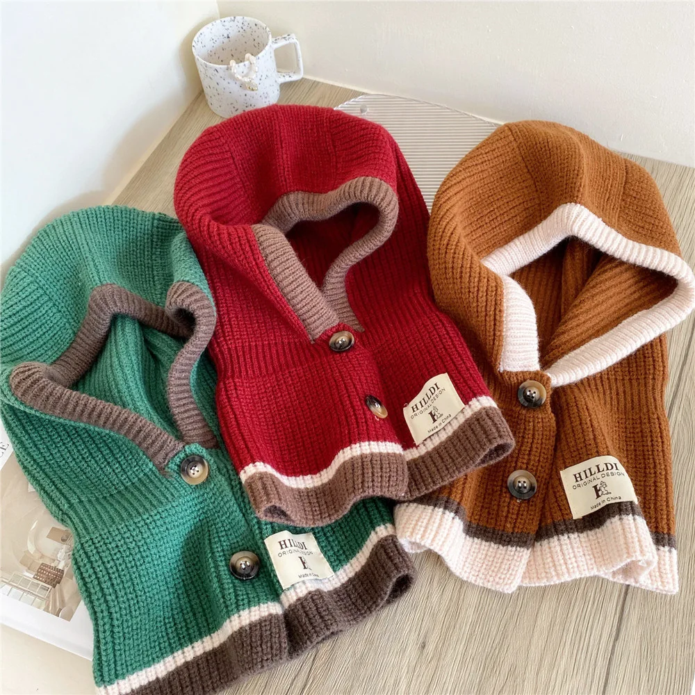 Girls Button And Neck Cover One-piece Hat Scarf Women's Autumn Winter Warm Headdress Knitted Wool Pullover Headgear Chapeau