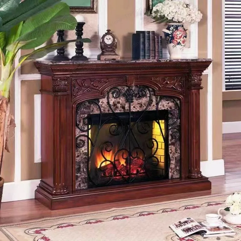 American solid wood fireplace carved wrought iron fireplace cabinet living room simulated flame TV cabinet electronic heater