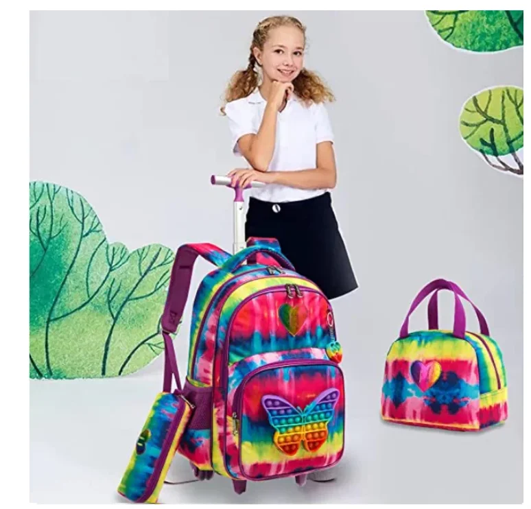 

Набор из 3 предметов: школьный рюкзак на колесах, сумка для обедов и школьная сумка-тележка для девочек, набор рюкзаков на колесах.