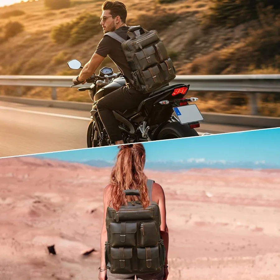 حقيبة ظهر جلدية من Masa Kawa للرجال مقاس 15.6 بوصة حقيبة كمبيوتر محمول متعددة الجيوب كاجوال للسفر باللون البني #2