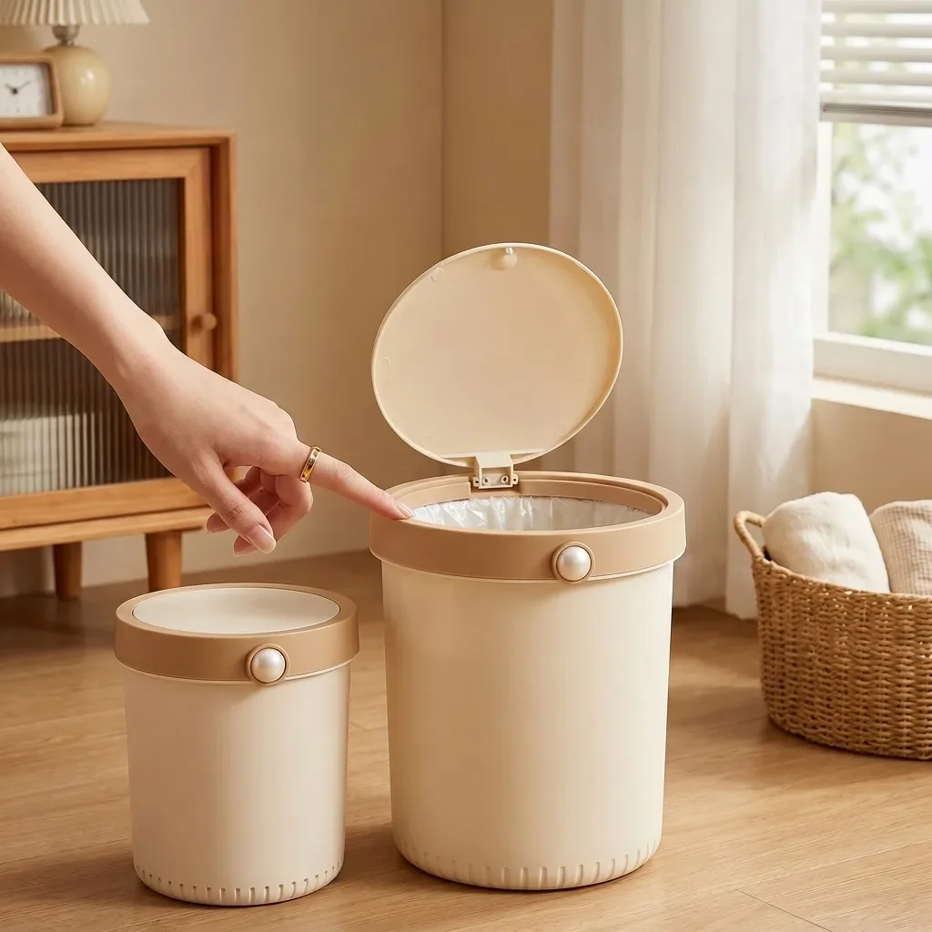 Beige Plastic Trash Can with Lid Round Push Button Wastebasket Waterproof Bathroom Kitchen Garbage Bin Bedroom Home Dustbin