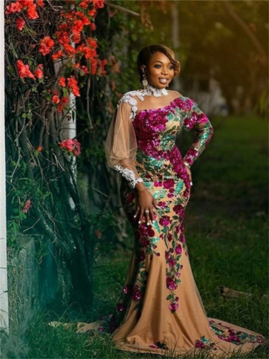 Vestidos de Noche de sirena de manga larga, apliques de flores de lentejuelas africanas, cuentas para ocasiones especiales, vestido de baile de graduación, más vestido de fiesta de tul