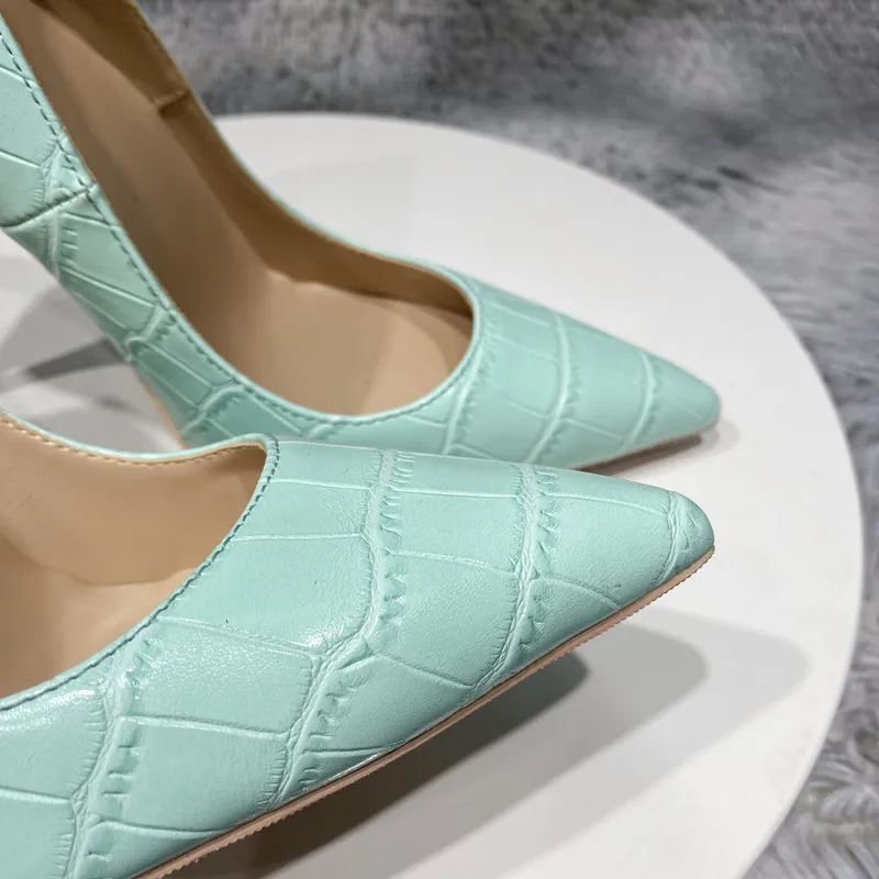 Tikicup Mint Light Green Crocodile Effect Women Sexy Pointy Toe High Heel Shoes for Party Comfortable Slip On Stiletto Pumps