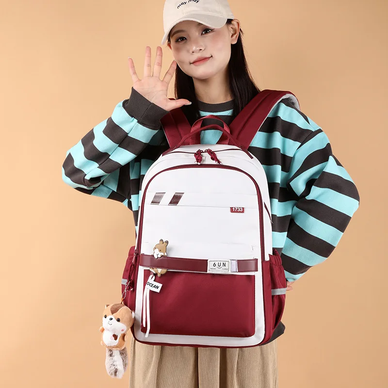 Cute Squirrel Girl school bag with pendant for teenage girls High school waterproof backpack schoolbag suitable for grades 3-6