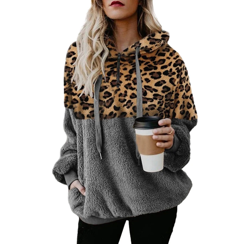 Casual Loose Plush Leopard Patchwork Hoodies Women Zipper Tops Long Sleeve Drawstring Hooded Warm Sweatshirt With Pockets