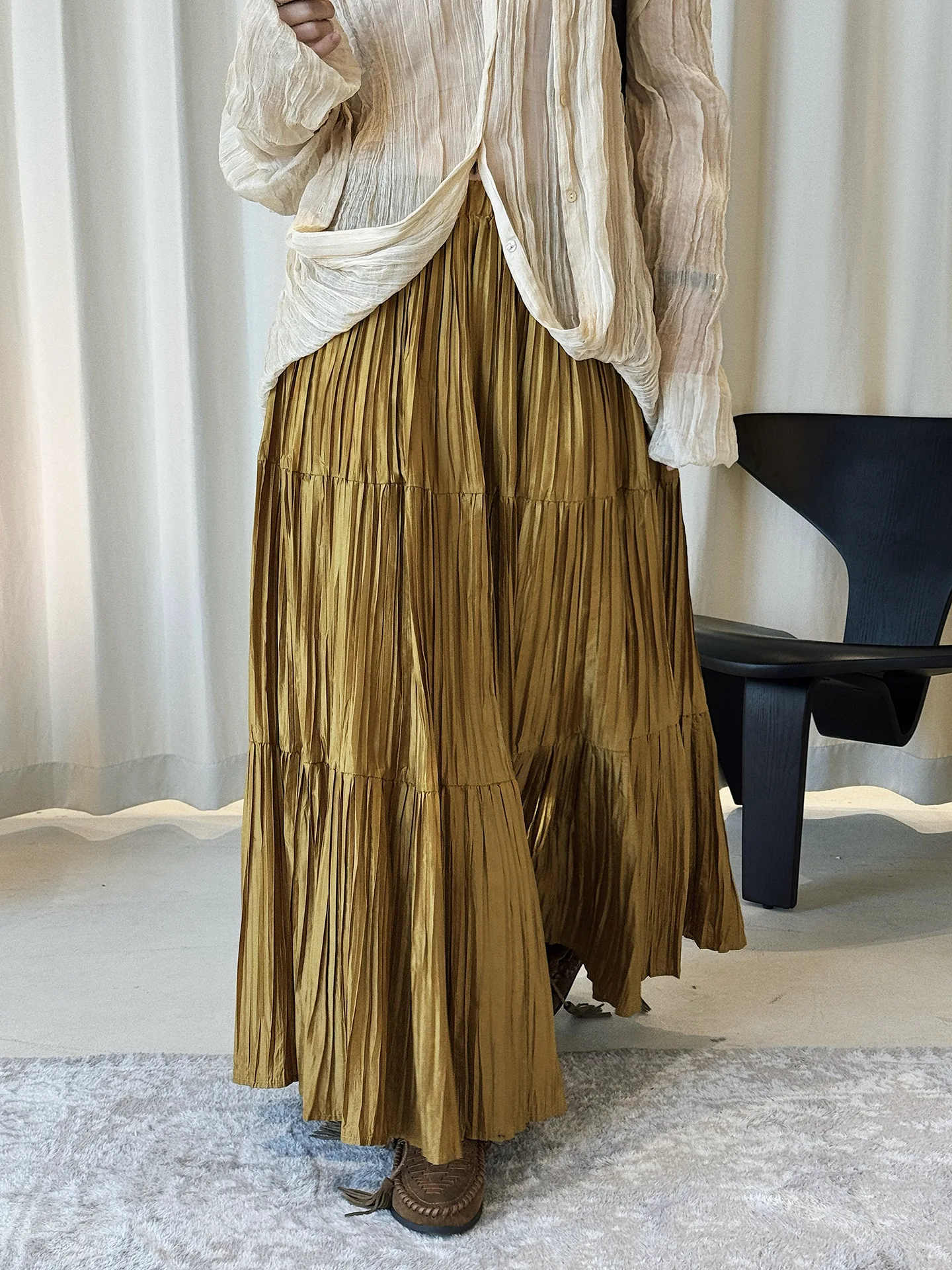 

Весенняя винтажная модная юбка с высокой талией, плиссированная, с текстурой, свободного кроя, удобная длинная юбка для женщин