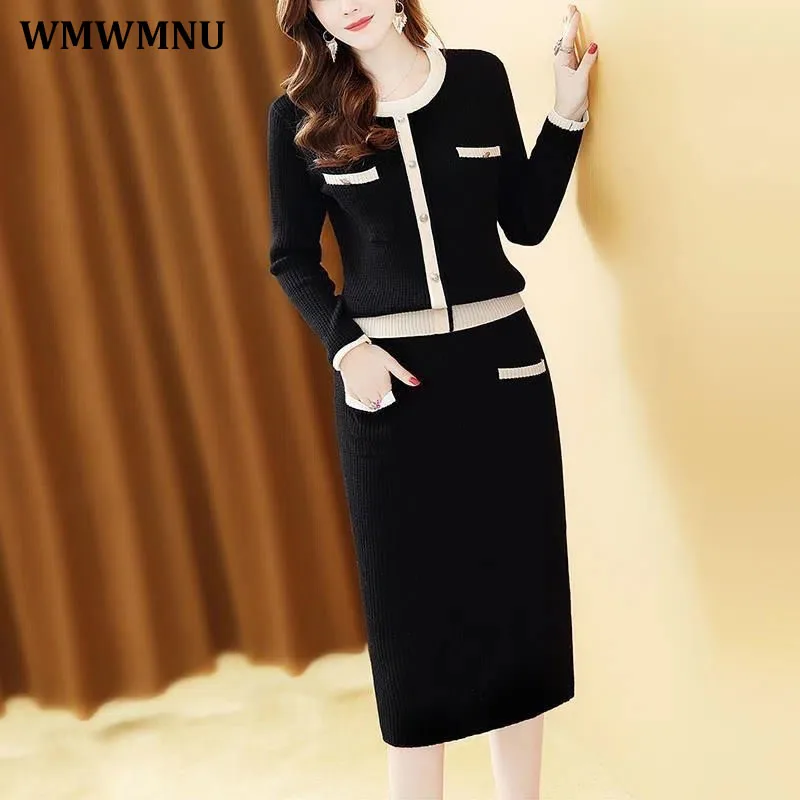 Elegant Knitted Suit Vintage 2 Piece Set Women Outfits Autumn Winter Korean Crewneck Pullover Sweater And Midi Skirt Suit 2022