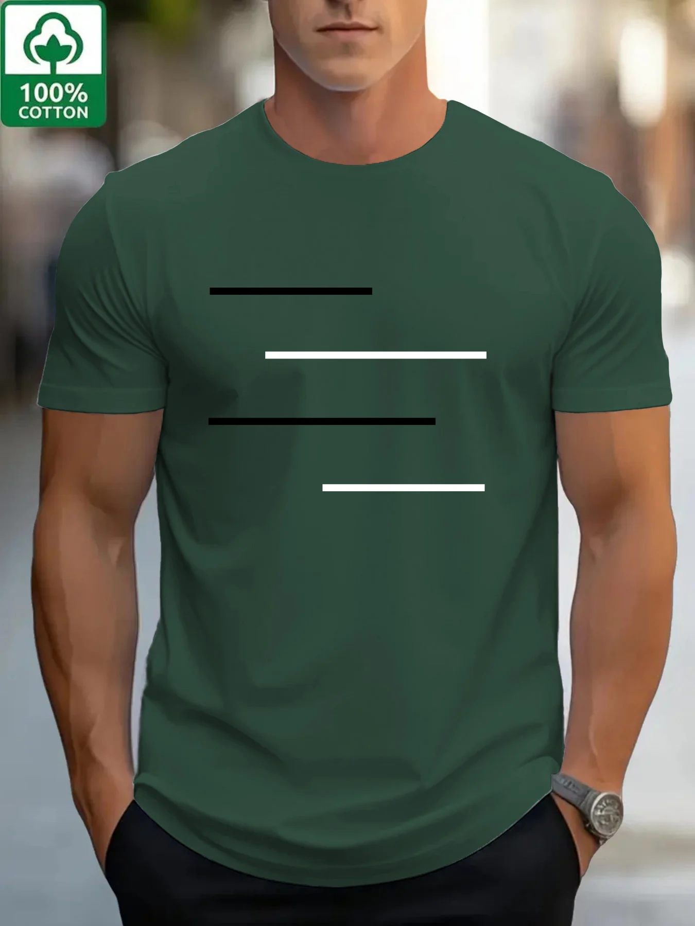 Summer Men's 100% Cotton Casual Black and White Lines Simple Geometric Pattern Loose Round Neck Short Sleeve T-shirt