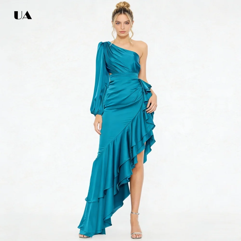 فستان حفلة موسيقية مكشكش غير متماثل مع كتف واحد، فستان سهرة ثنيات من الساتان الصلب، فستان حفلة مخصص