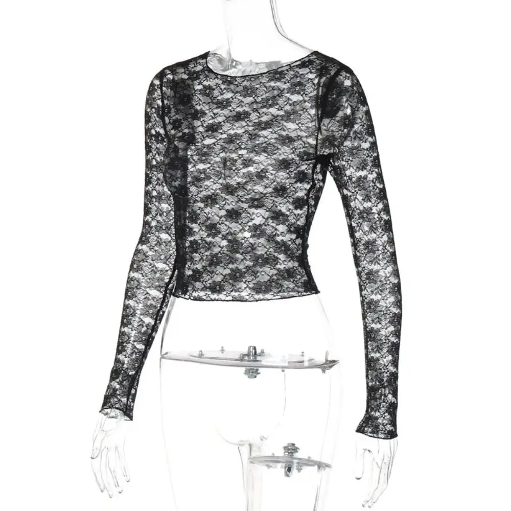 Fashion Mesh Floral Lace Crop Top See Through Long Sleeve Bodycon T-Shirt O Neck Slim Fit Evening Party Tees Party Wear