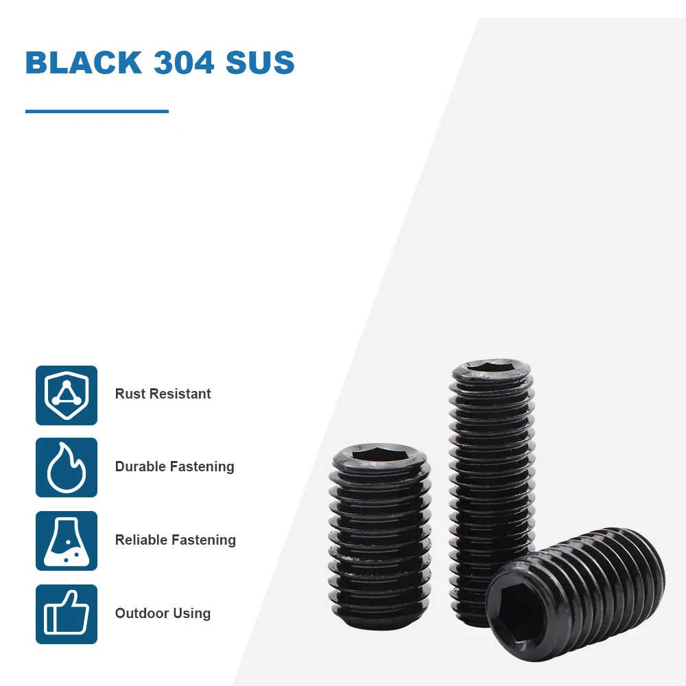 1-50pcs Allen Grub Headless Screws Black 304 Stainless Steel Hex Socket Set Screw with Flat Point M2 M2.5 M3 M4 M5 M6 M8 M10-M16