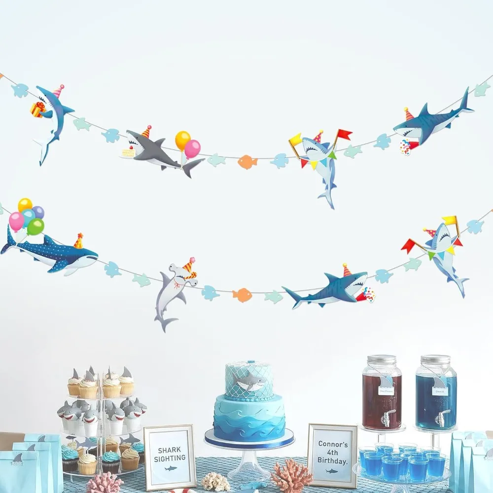 Blaue Hai-Geburtstagsparty-Dekorationen, Happy Birthday Banner, hängende Hai-Girlande, Unterwasser-Meer-Pool-Party-Zubehör – Detail 21
