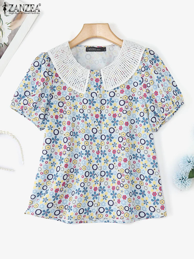 ZANZEA แฟชั่นเสื้อพิมพ์ลายผู้หญิงเสื้อ 2025 ฤดูร้อนโบฮีเมียนวันหยุดเสื้อทูนิคแขนสั้นปุ่มลำลองหลวมบลูซาส