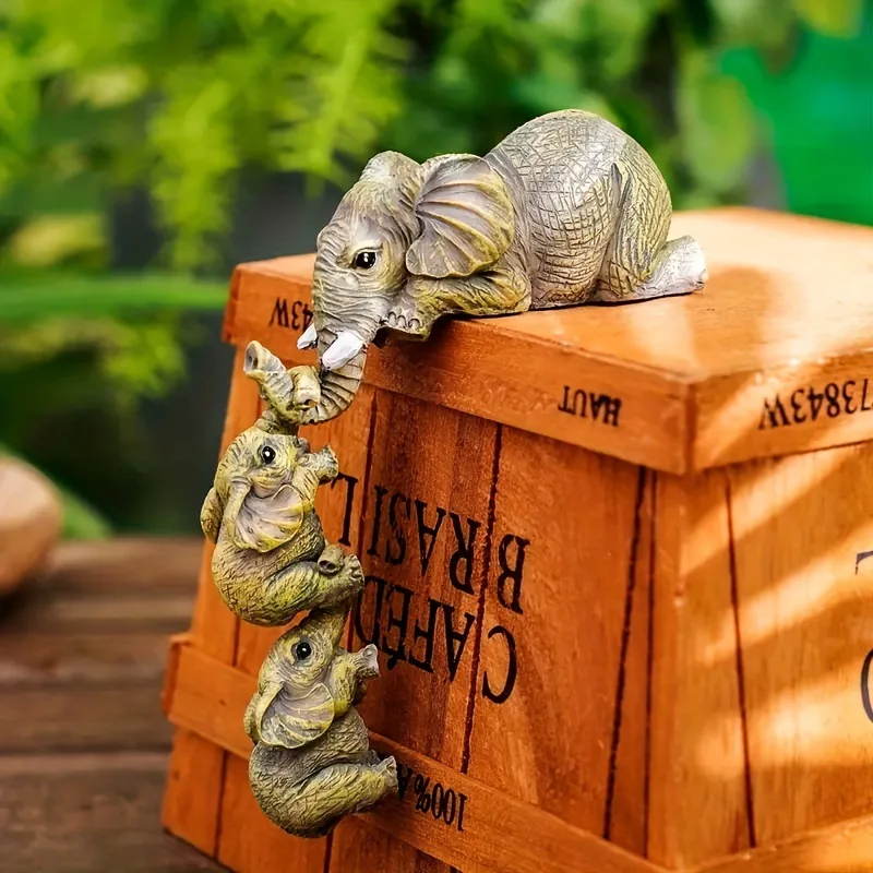 2026 3pcs/set Cute Elephant Figurines Elephant Holding Baby Elephant Hanging Off The Edge of A Shelf or Table Resin Crafts
