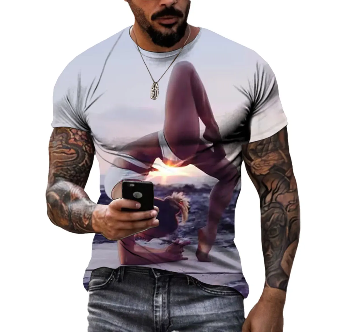 New Trend Sexy Beauty Yoga Figure Men\'s T-shirt 3d Hd Digital Print Hip Hop O-neck Short Sleeve High-quality Quick-drying Shirt