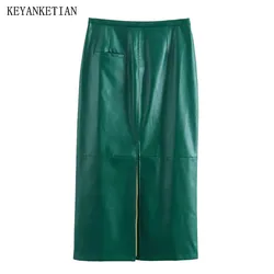 KEYANKETIAN New Launch Women's Dark Green Faux leather Skirt Spring Retro style Side Zipper High-waisted A-line Slit MIDI Skirt