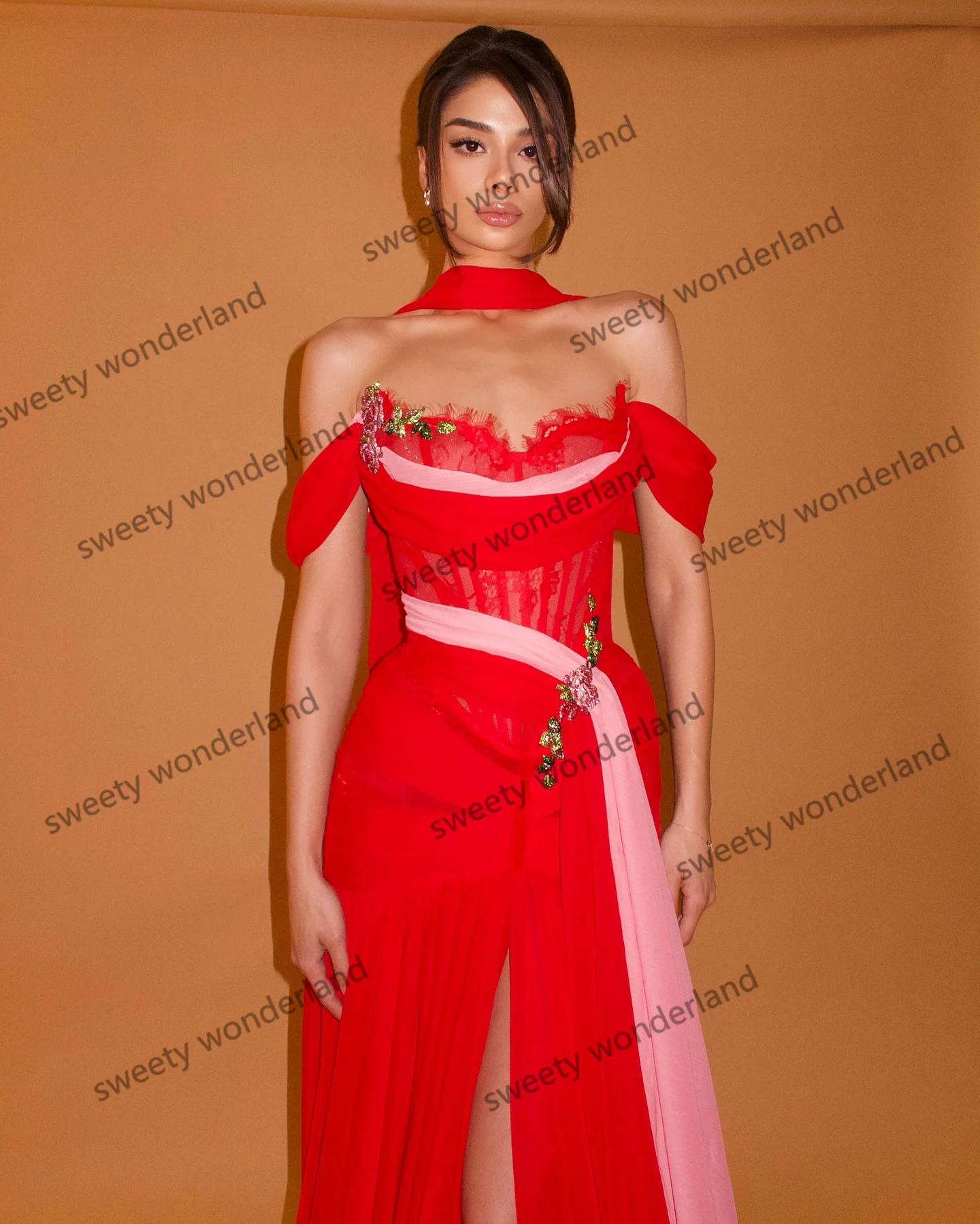 Robe de soirée en mousseline de soie rouge pour femme, épaules dénudées, Patchwork, longue robe de bal arabe, personnalisée