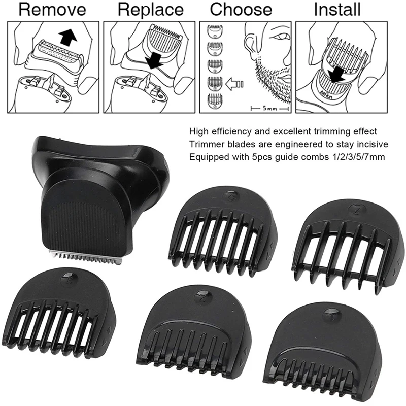 ABBK Beard Trimmer Head Replacement for Braun Series 3, 5-Piece Guide Comb Set 1-7mm, Black Plastic