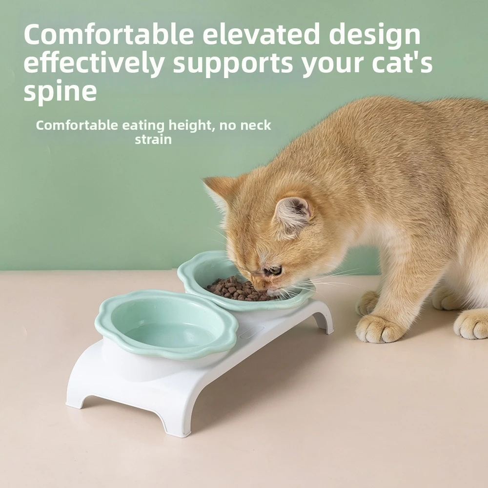 Non-Slip Ceramic Cat Double Bowls Flower Shaped Detachable Pet Food Feeder Anti-Flip Protect Cervical Spine