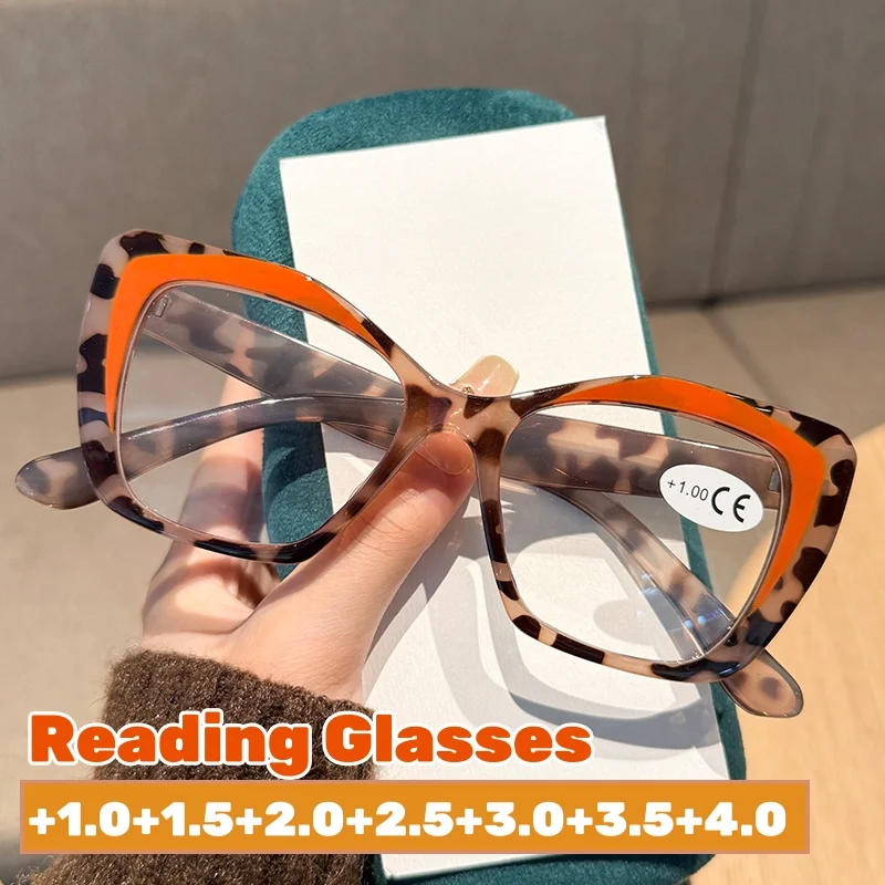 

Fashion Cat Eye Anti Blue Light Reading Glasses Women Retro Large Frame Decorative Far Sight Eyeglasses Color Blocked Eyewear