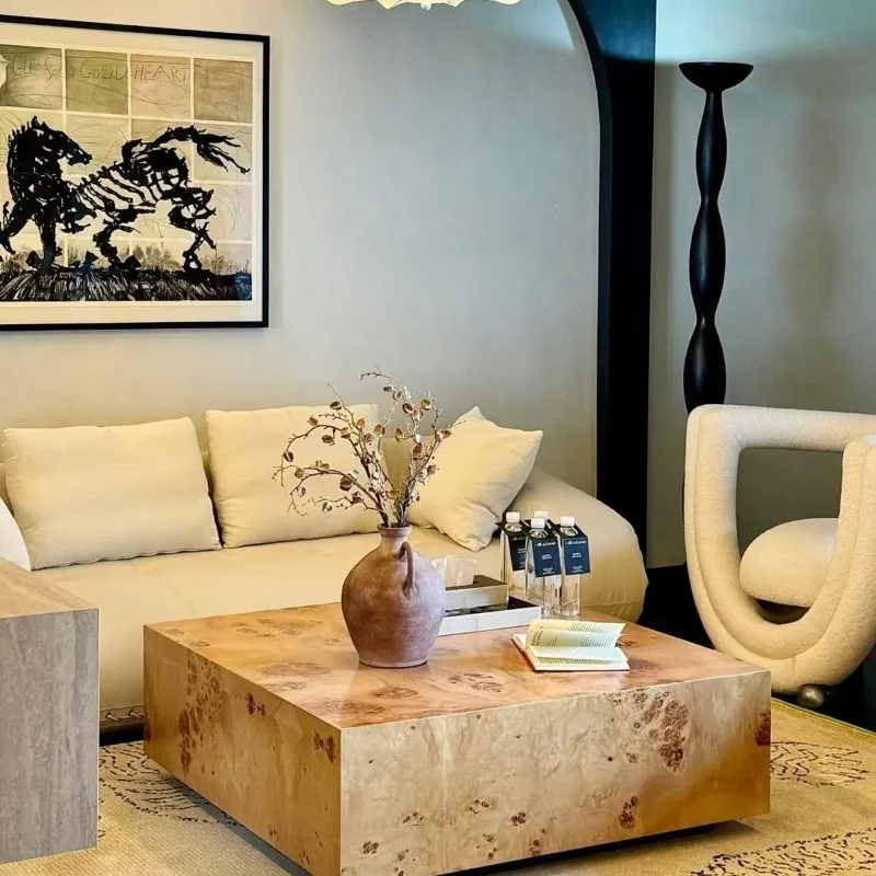 

Coffee table French ancient money wind villa living room advanced skin feeling retro solid wood square furniture tea table