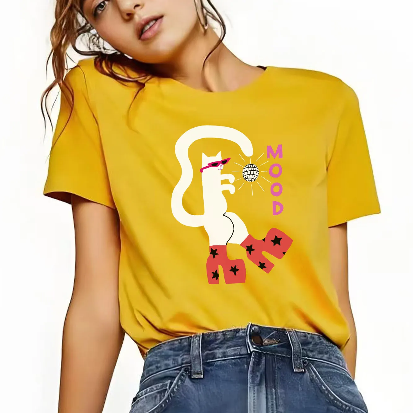 تي شيرت مطبوع عليه قطة الرقص الممتعة كاجوال بأكمام قصيرة مناسب للفصول الأربعة تي شيرت نسائي متعدد الاستخدامات