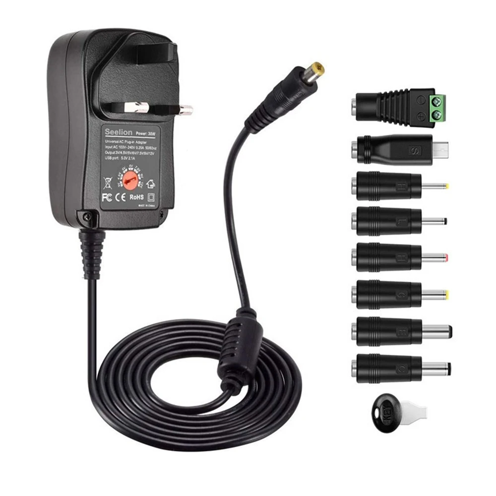 

30W US/UK/AU/EU Universal Power Adapter 3V 4.5V 5V 6V 7.5V 9V 12V AC DC Charger Converter + 5V 2.1A USB Port With 8Pcs jack