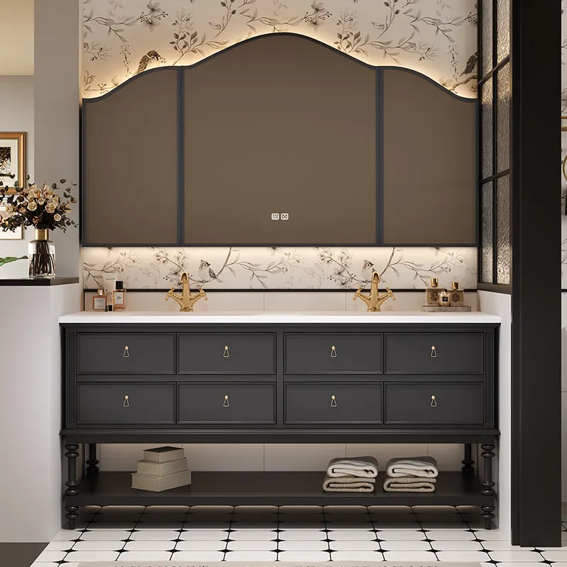 Oak French floor-to-ceiling retro bathroom cabinet combination American hot-bending integrated bathroom washstand
