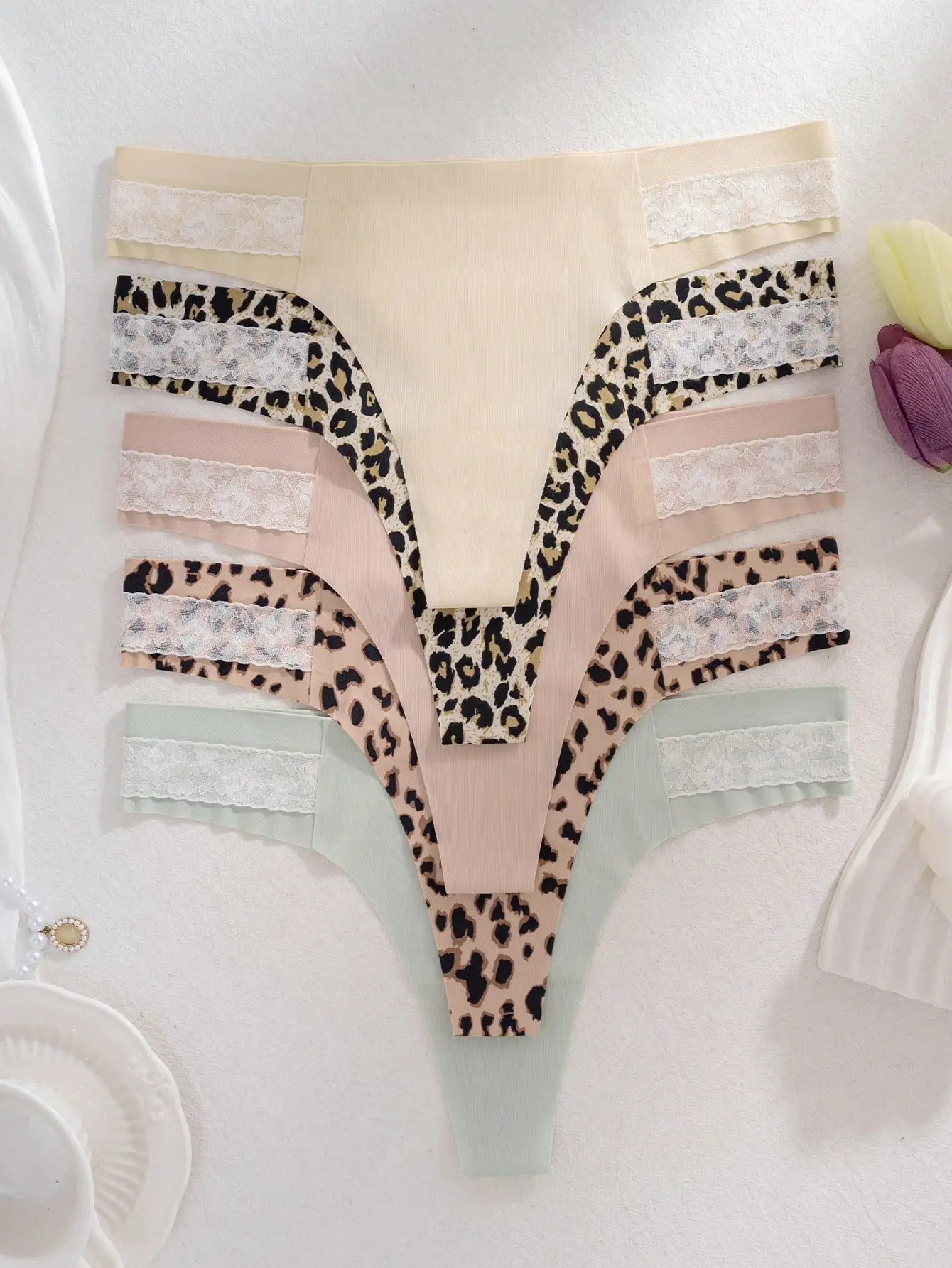 5 Packs Double Side Lace Waist Mixed Leopard & Pastel Seamless Thongs For Women Low Rise Vertical Rib Ice Silk One Piece Stretch