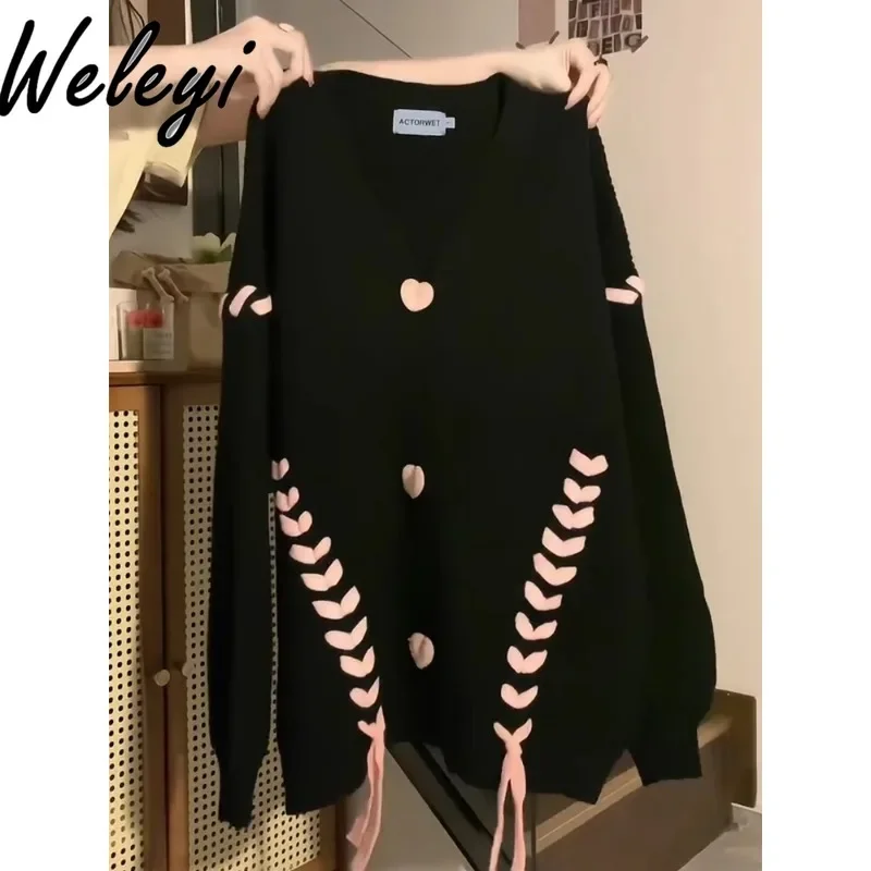 Y2k Clothes Sweet Lace Up Knitwear Sweater Coat Female 2024 Autumn Winter New Loose Women's Black Long Sleeve Knitted Cardigan