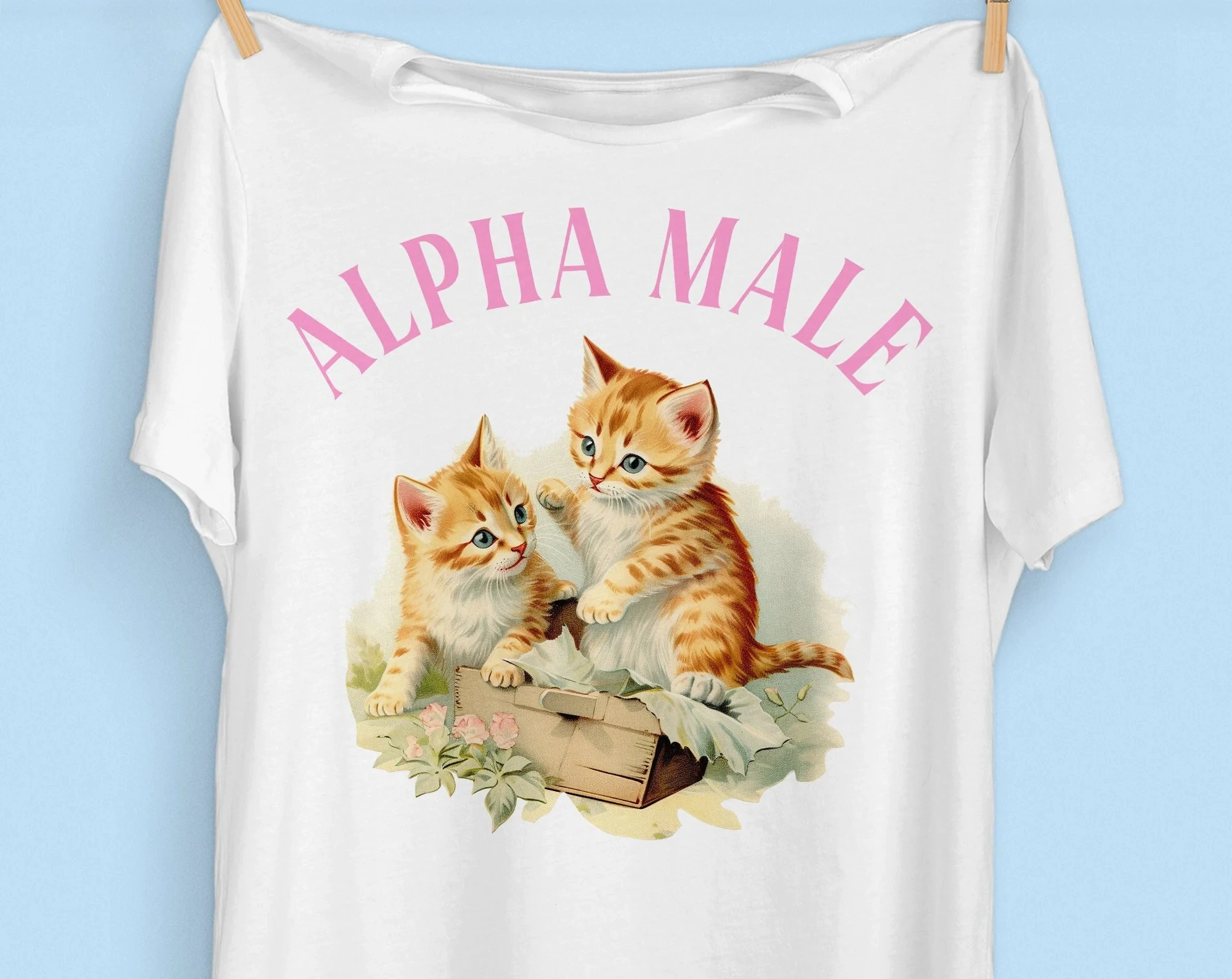 Alpha Male Funny Slogan Women T-shirt Vintage Cute Cartoon Playing Kitten Print Female Shirt New Hot Sale Stylish Casual Tee