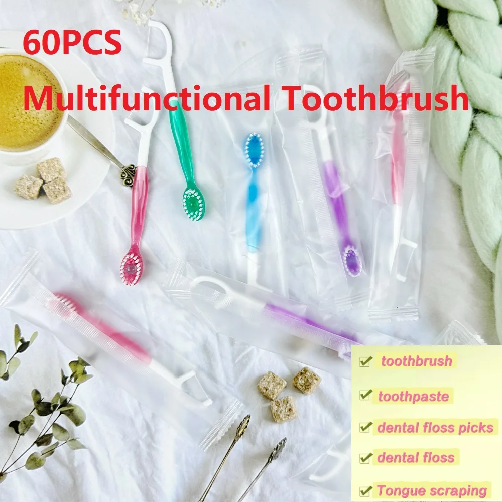 60pcs Mini Toothbrush With Toothpaste Exploded Floss Toothpick Tongue Scraper Disposable Clean Toothbrush Individually Packaged