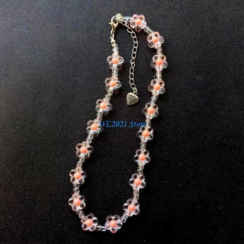 

G5GC Small Flowers Necklace Colorful Beads Necklace Chain Choker Resin Material