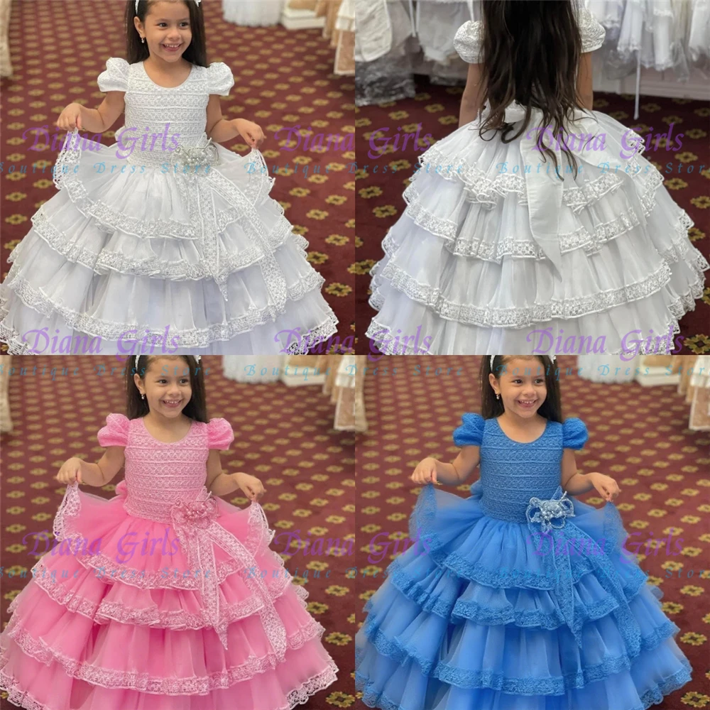 

Quality Lovely White Lace Fluffy Flower Girl Dress With Bow For Wedding Ball Dresses Kids Birthday Party Evening Gowns