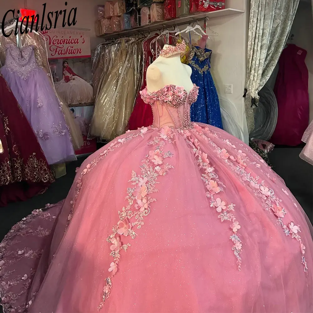 Robes de Quinceanera perlées roses, robes de Rh, appliques de fleurs 3D, dentelle douce, fête d'anniversaire, 15