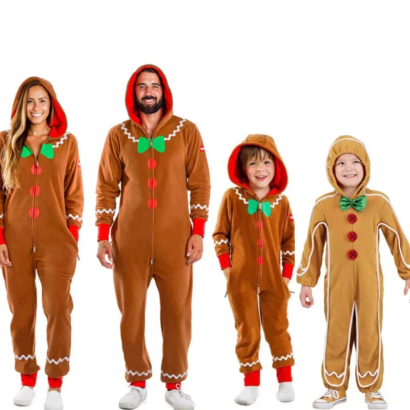 

Рождественский комбинезон для косплея с пряниками, костюм для родителей и детей, рождественские пижамы для вечеринки, коричневая домашняя одежда, наряды для мужчин и женщин
