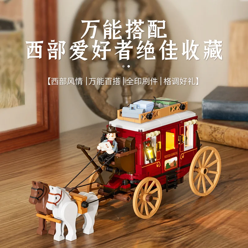 New F9052 293pcs MOC Idea Western Stagecoach Building Blocks Model Retro Carriage Bricks Assembling Toys for Boys Gift Set