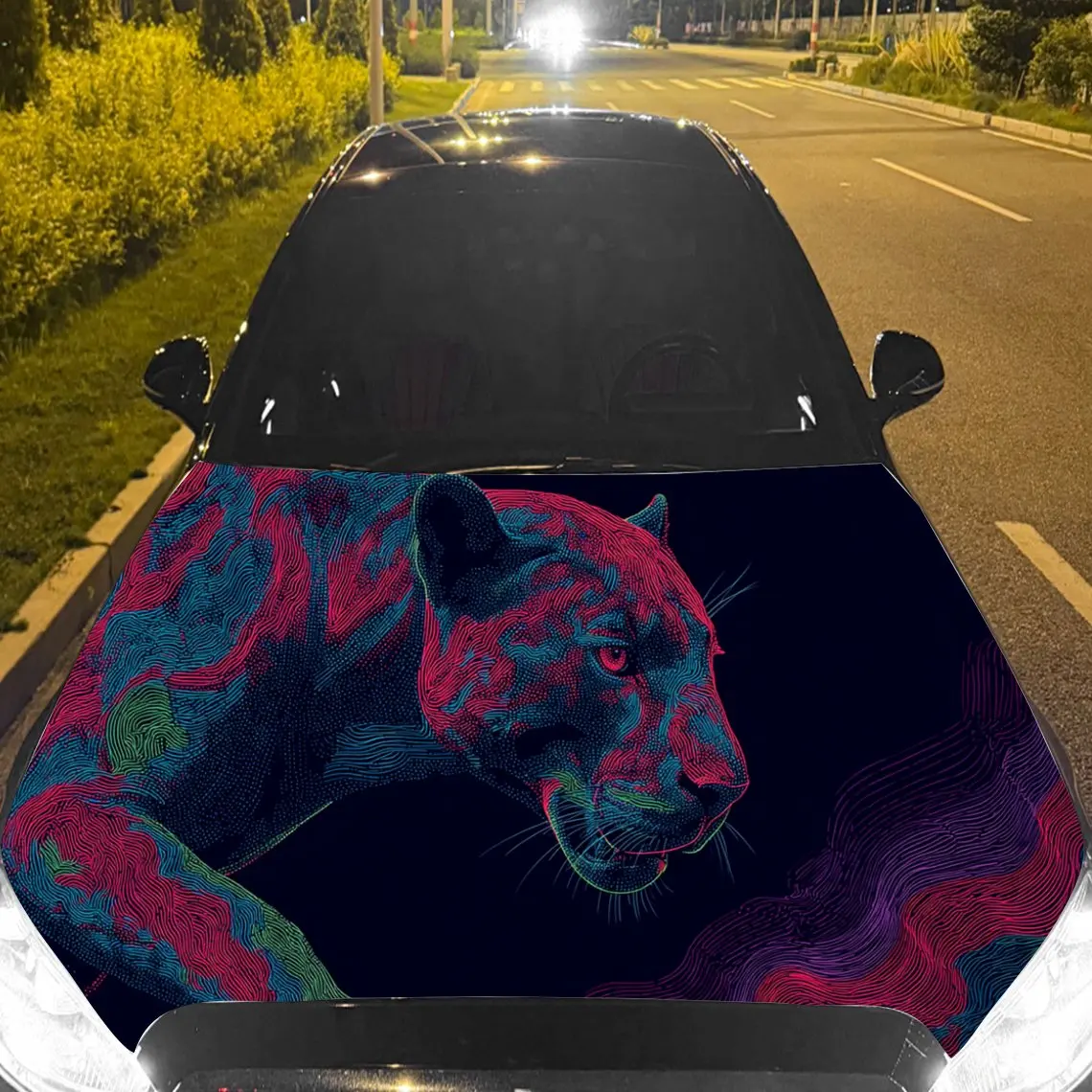 

Car Decal Panther with Neon Pink-Blue Swirl Artistic Background & Edgy-Mystic Aesthetic Car Hood Sticker, Waterproof Self - Adhe