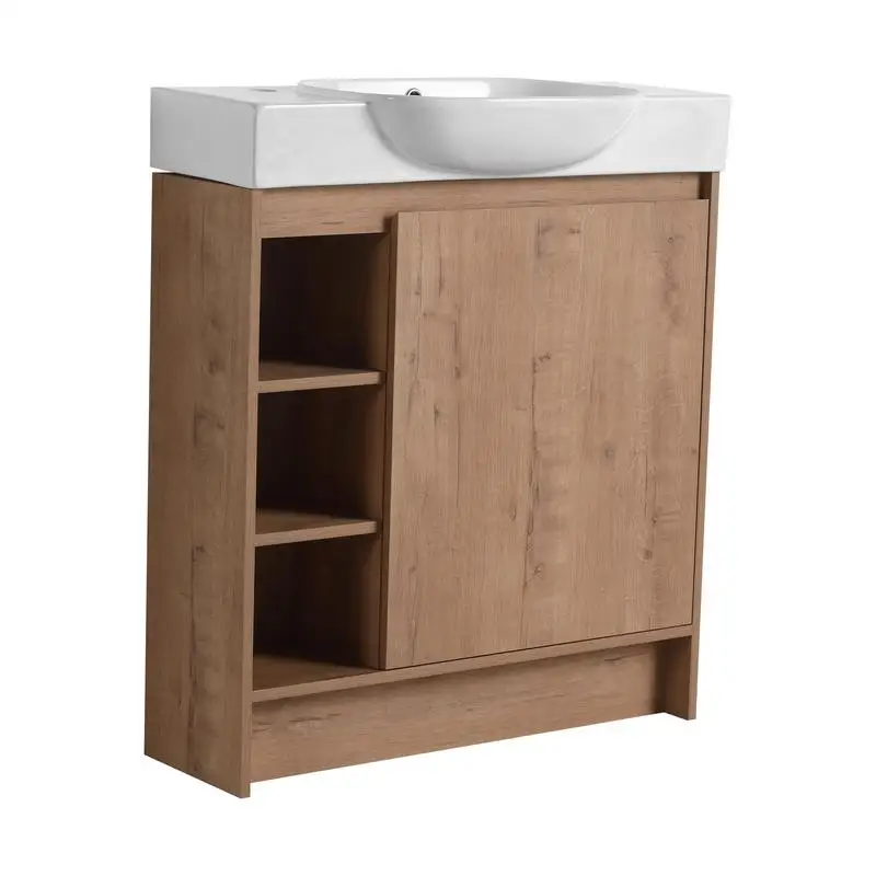 30 inch vrijstaande badijdelheid met witte keramische wastafel en soft-close deur, KD-verpakking, modern ontwerp voor ruimtebesparend