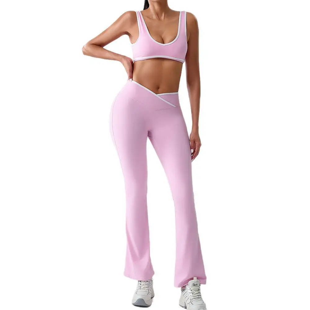 Women's 2-Piece Yoga Set Cross-Waist Flared Yoga Pants & Outdoor Sports Bra Quick-Dry High-Elasticity Workout Gym Running Outfit