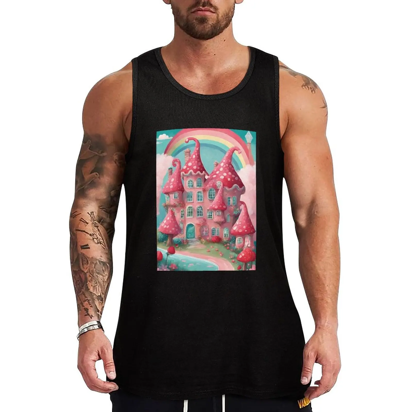 

Sweet pink fantasy house, cute fairy tale house, gnome castle, mushroom house Tank Top Men's gym articles t-shirts for men