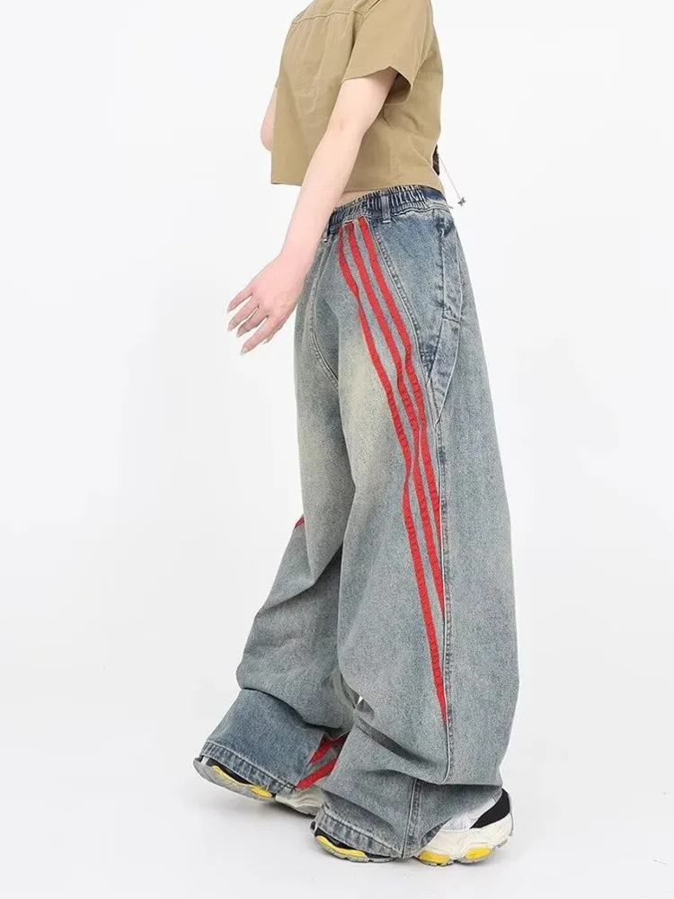 Striped Design Wide-leg Loose Jeans For Women Summer Thin Washed Retro Hip-hop High Street Style Long Pants Women\'s Jeans