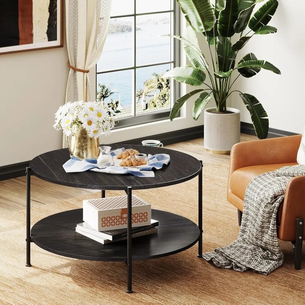 Industrial Style 2-Tier Round Coffee Table with Open Storage Shelf for Living Room, 32.6 Small Space-Saving Wooden Centerpiece