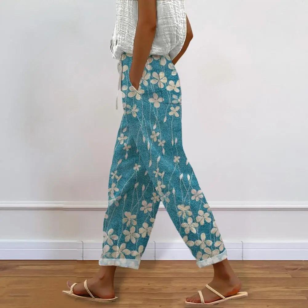 Women Casual Pants Elastic Waist Drawstring Harem Pants Digital Floral Print Beach Office Shopping Daily Long Trousers