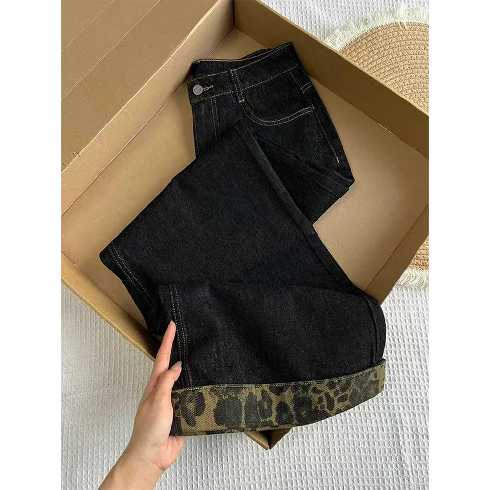 

Oversized Wide Leg Pants for Women Spring Autumn Retro High Waist Leopard Print Jeans American Style Straight Loose Denim Pants